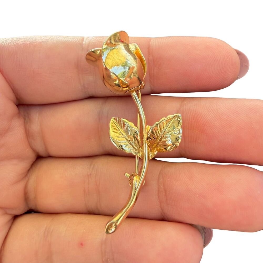Vintage Jewelry Gold Tone Rose Brooch Long Stemmed Rose Pin